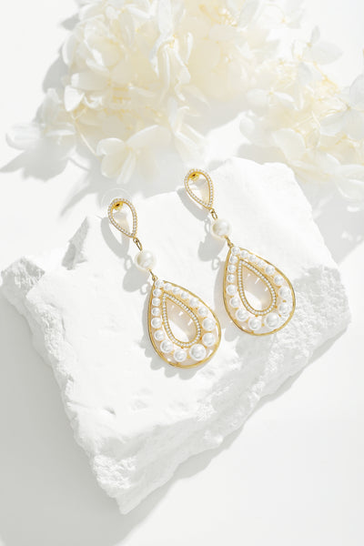 Classicharms Gold Pearl Hollow Teardrop Dangle Earrings - shopidPearl