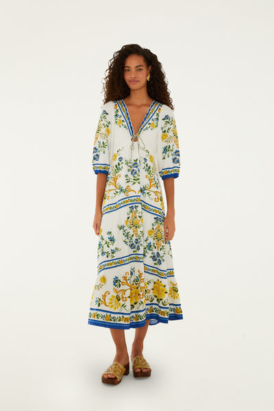 Off White Floral Tapestry Emily Midi Dress