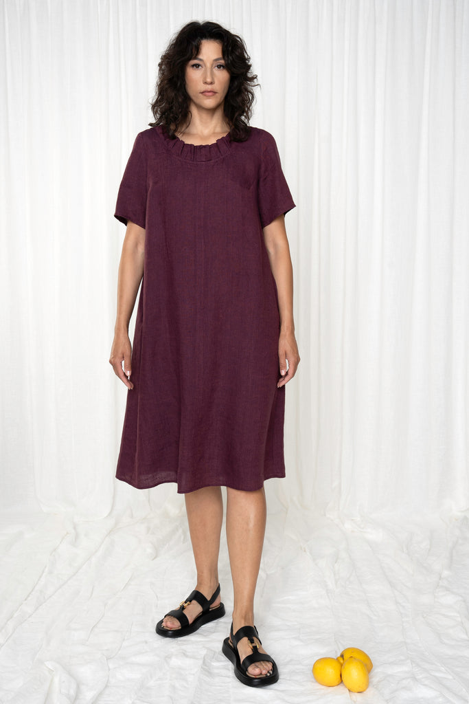Burgundy 100% Linen Short Sleeve Emily Midi Dress by GR nature Burgundy / 6 US Burgundy 100% Linen Short Sleeve Emily Midi Dress by GR nature Burgundy / 6 US