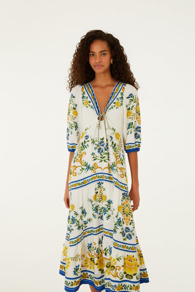 Off White Floral Tapestry Emily Midi Dress