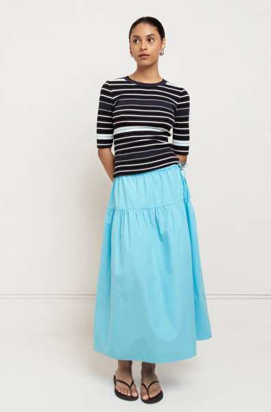 Organic Cotton Evita Skirt in blue, midi length with relaxed fit and lightweight drape