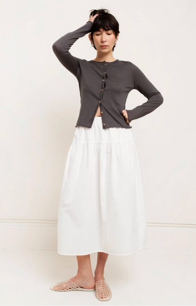 Organic Cotton Evita Skirt in blue, midi length with relaxed drape and elastic waist