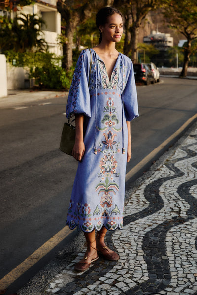 Garden Tapestry Blue Embroidery Midi Dress,Farm Rio - Shopidpearl