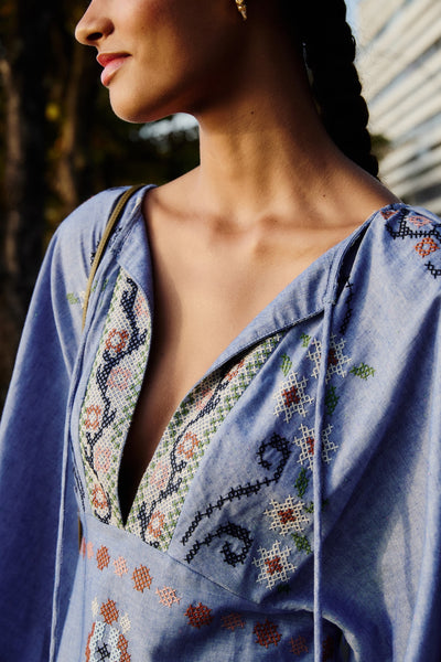 Garden Tapestry Blue Embroidery Midi Dress,Farm Rio - Shopidpearl