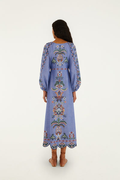 Garden Tapestry Blue Embroidery Midi Dress,Farm Rio - Shopidpearl
