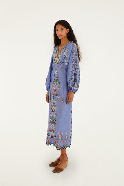 Garden Tapestry Blue Embroidery Midi Dress,Farm Rio - Shopidpearl