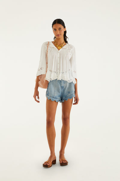 Light Denim Short Romantic Ruffle Hem