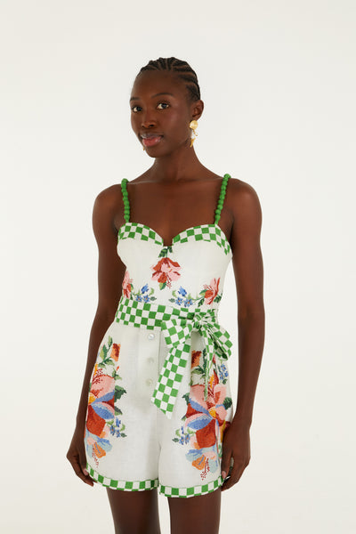 Off White Linen Floral Romper Calm Breeze Beaded Straps