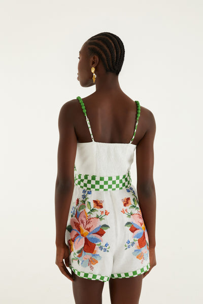 Off White Linen Floral Romper Calm Breeze Beaded Straps
