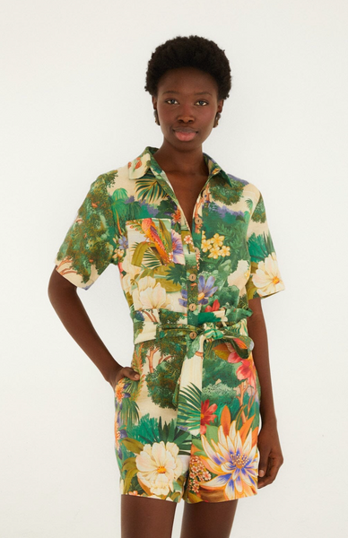 Oriental Garden Romper in green floral print with collar, short sleeves, button front, and tie-front belt