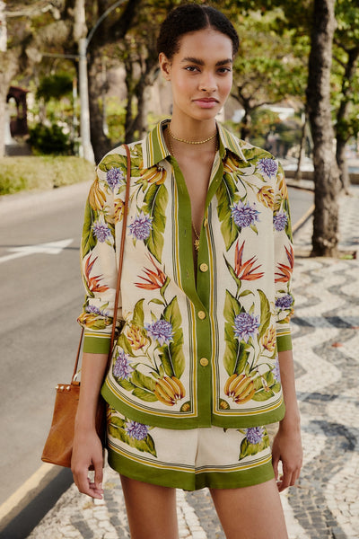 Tropical Scarf Blouse with long sleeves, button front, collar, and scarf-inspired green print in linen viscose