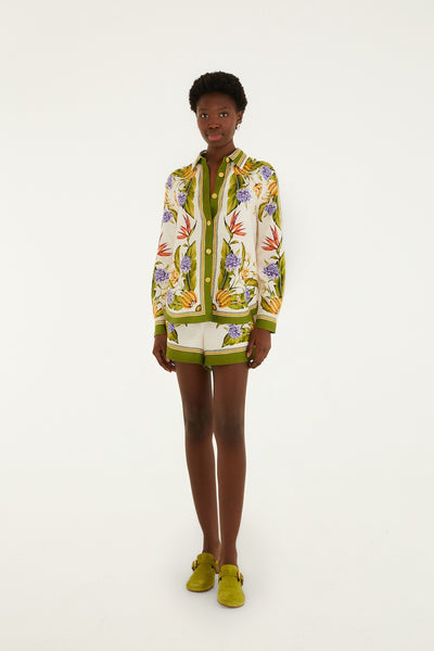 Tropical Scarf Shorts in green and sand scarf print with straight leg fit, linen viscose fabric, and side pockets