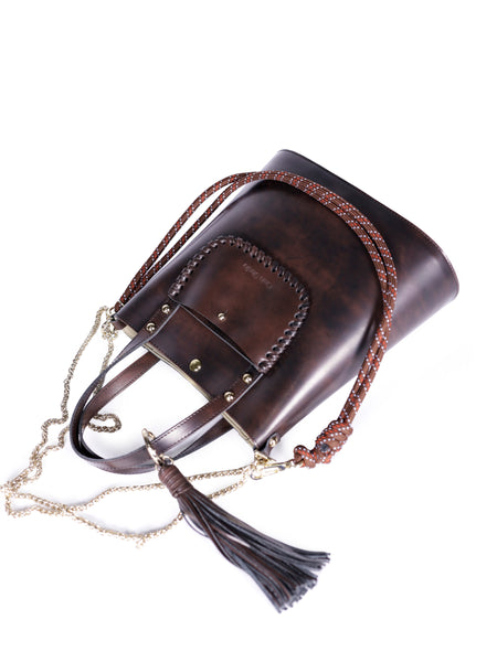 Grand Ame Calf Leather Medium Handbag Black Brush