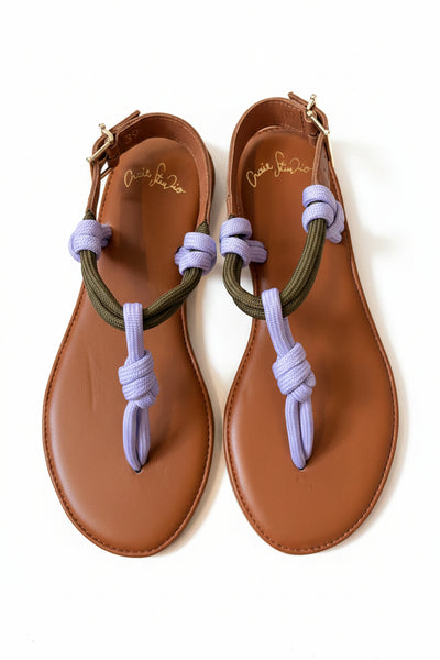 Pair of brown sandals with colorful lilac and khaki green straps on a white surface for idPearl Boutique New York