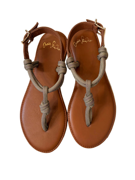 Pair of brown sandals with braided straps on a white background | Craie Studio | idPearl Boutique New York