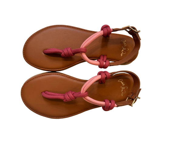 Pair of brown sandals with pink straps on a white background | Craie Studio | idPearl Boutique New York