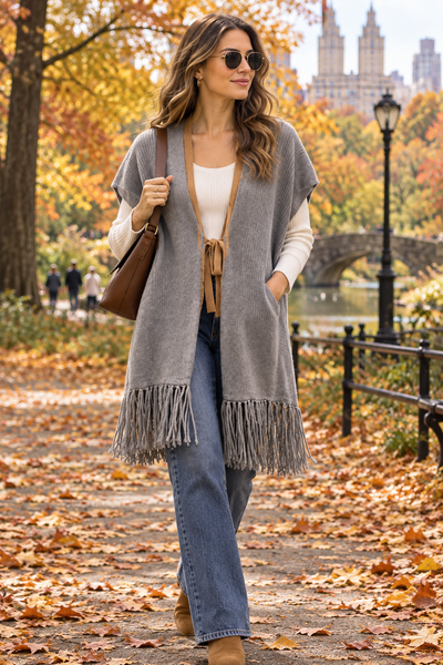 Vneck Fringe Cardigan 100% Cashmere Sweater Flint Grey