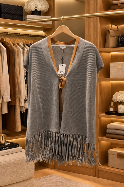 Vneck Fringe Cardigan 100% Cashmere Sweater Flint Grey
