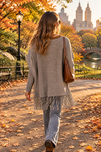 Vneck Fringe Cardigan 100% Cashmere Sweater Flint Grey