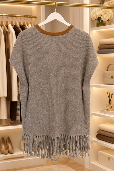 Vneck Fringe Cardigan 100% Cashmere Sweater Flint Grey