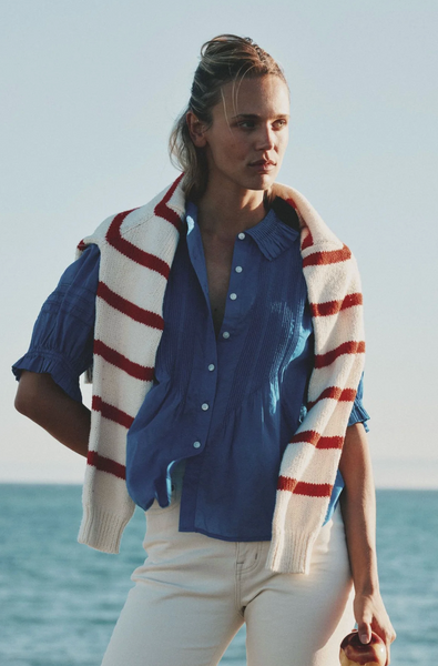 Jess Cotton Blouse in cobalt blue cotton voile with short sleeves, pintuck detail, curved hem, and cropped fit