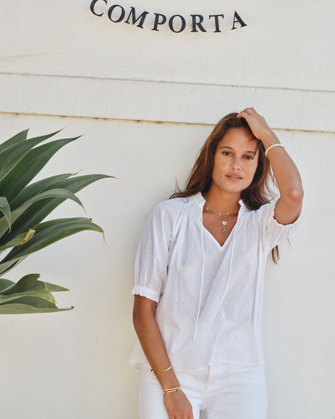 Lotta White Cotton Top with textured woven cotton, frill collar, V neck ties, raglan sleeves and elastic cuffs