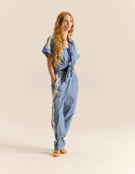Lou Cotton Blue Striped Lace Inset Pant