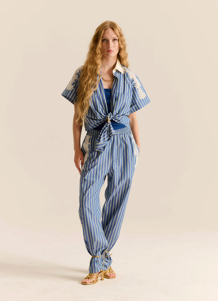 Lou Cotton Blue Striped Lace Inset Pant