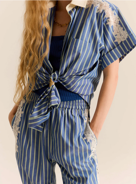Lou Cotton Blue Striped Lace Inset Pant