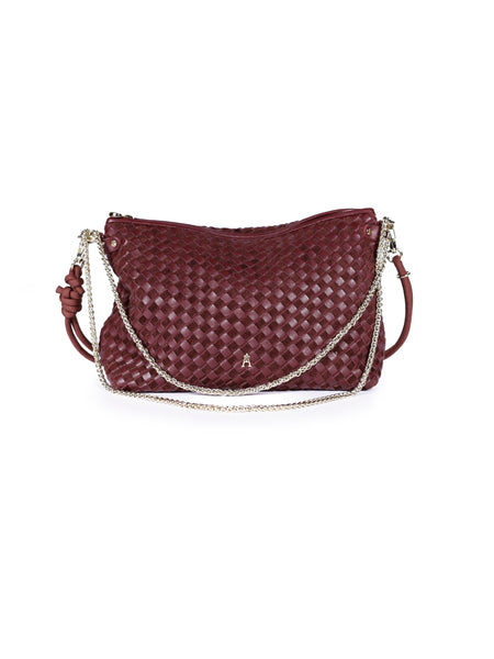 Mallow Lamb Leather Zip Top Handbag Burgundy Weave