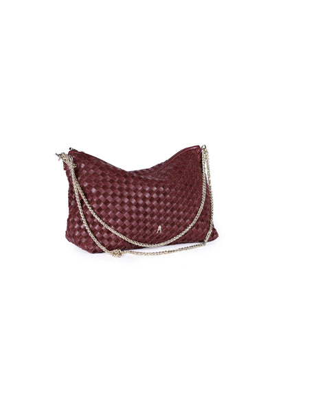 Mallow Lamb Leather Zip Top Handbag Burgundy Weave