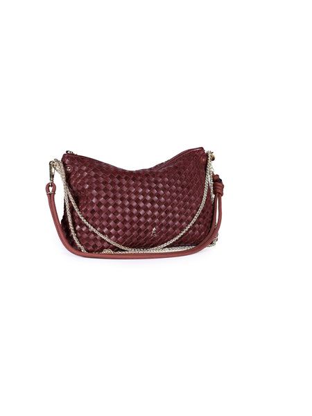 Mallow Lamb Leather Zip Top Handbag Burgundy Weave