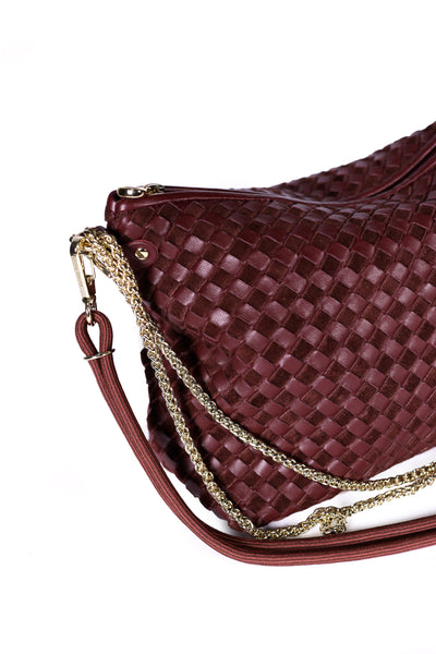 Mallow Lamb Leather Zip Top Handbag Burgundy Weave