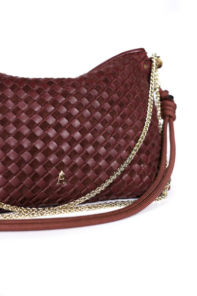 Mallow Lamb Leather Zip Top Handbag Burgundy Weave