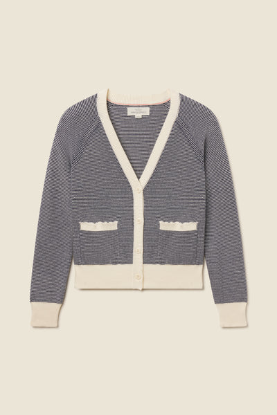 Navy cardigan sweater with ivory trim, deep v-neck, button front, and functional pockets; features striped knit pattern.