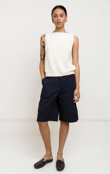 Organic Cotton Navy Patrice Short in a long Bermuda silhouette with relaxed fit and tailored styling