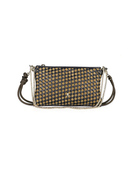 Pillow Lamb Leather Zip Top Small Handbag Black Tan Weave