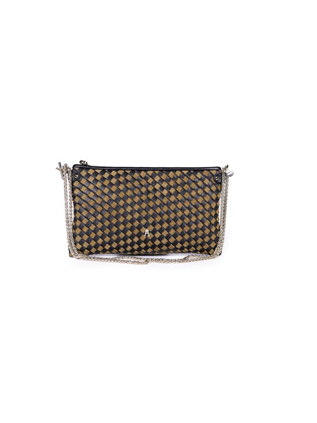Pillow Lamb Leather Zip Top Small Handbag Black Tan Weave