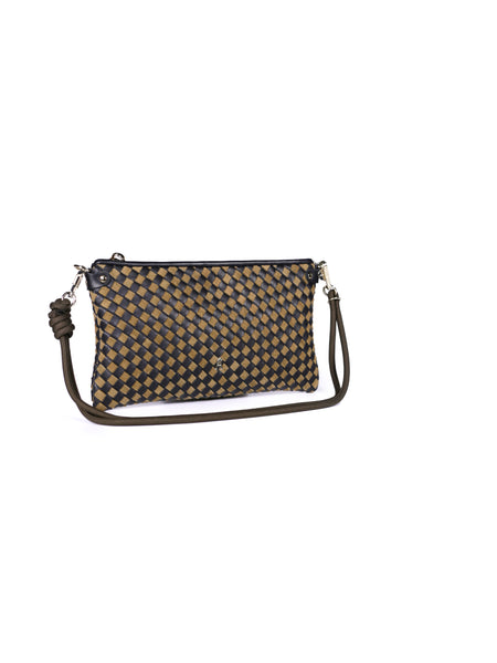 Pillow Lamb Leather Zip Top Small Handbag Black Tan Weave
