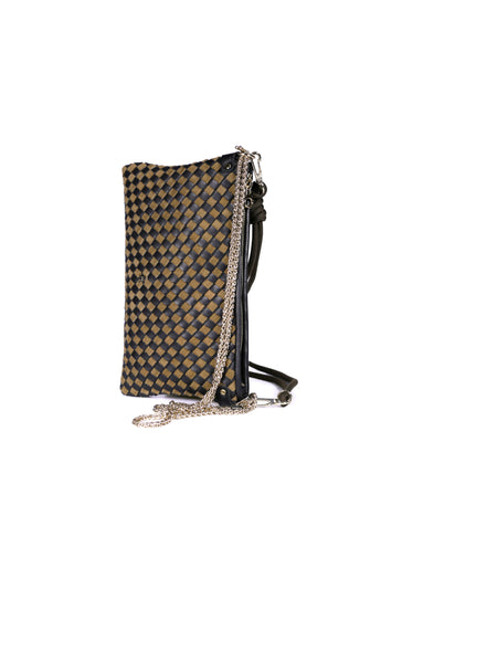 Pillow Lamb Leather Zip Top Small Handbag Black Tan Weave