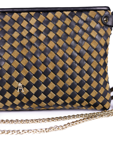 Pillow Lamb Leather Zip Top Small Handbag Black Tan Weave