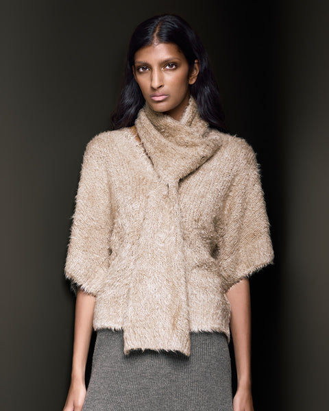 Silk Pullover Sweater with Detachable Scarf Shitake Beige