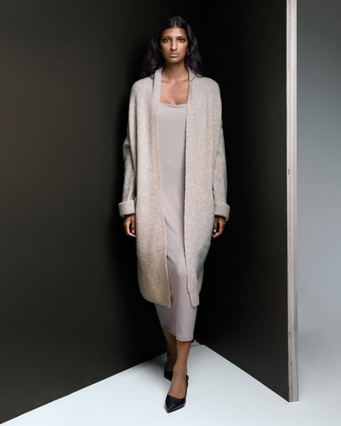 Felted Knit Long Cardigan Sweater Coat Merino Wool Buff Beige