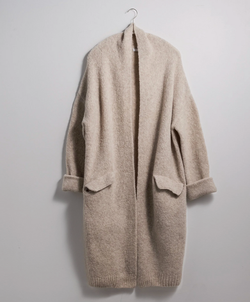 Felted Knit Long Cardigan Sweater Coat Merino Wool Buff Beige