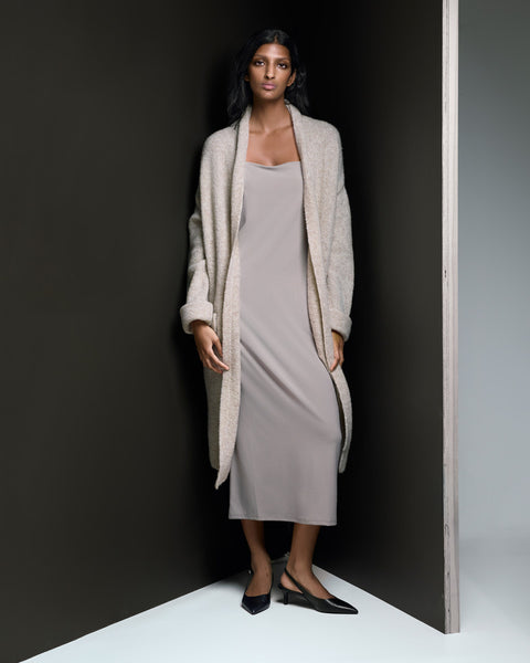 Felted Knit Long Cardigan Sweater Coat Merino Wool Buff Beige