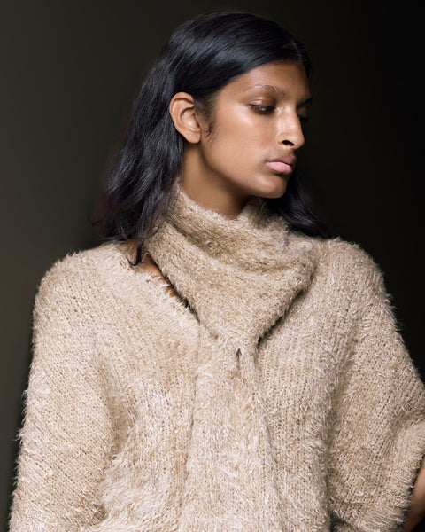 Silk Pullover Sweater with Detachable Scarf Shitake Beige