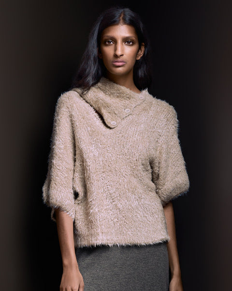 Silk Pullover Sweater with Detachable Scarf Shitake Beige