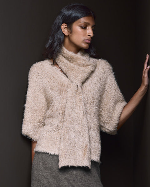 Silk Pullover Sweater with Detachable Scarf Shitake Beige
