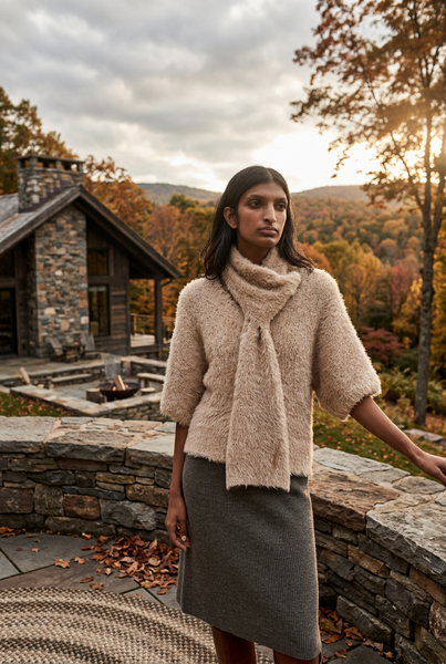 Silk Pullover Sweater with Detachable Scarf Shitake Beige