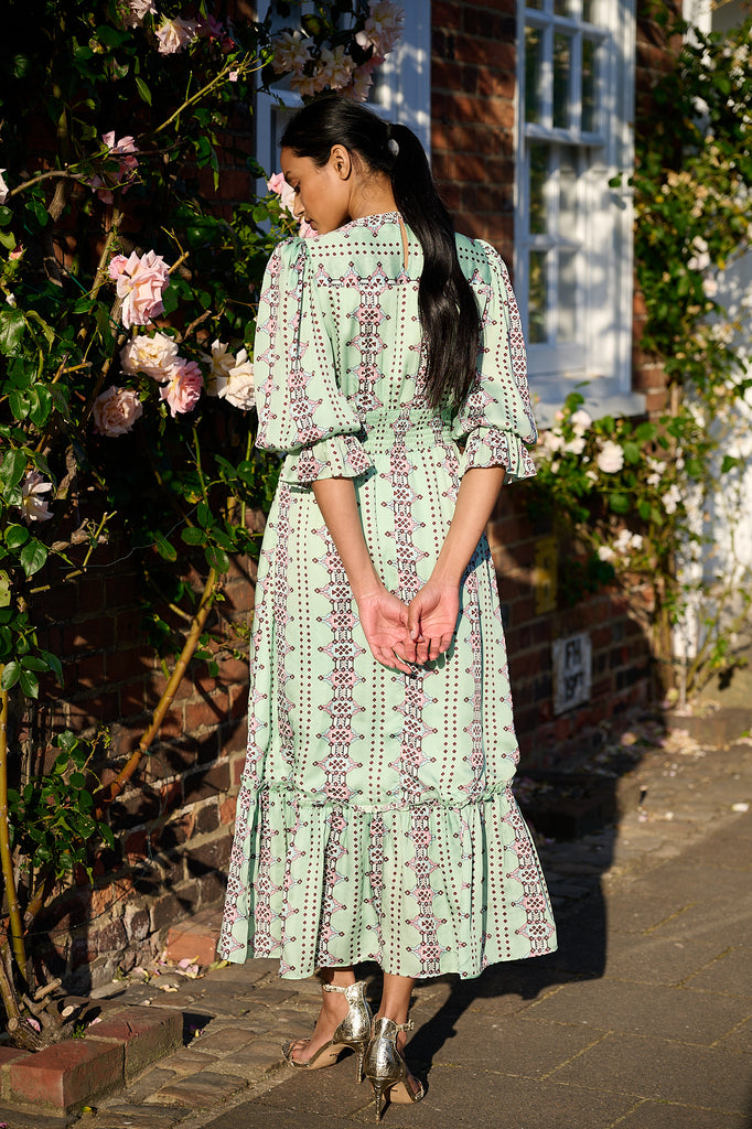 Green Aztec Print V-Neck Sophia Maxi Dress | Neve & Noor | idPearl Mint Green / X-Small Green Aztec Print V-Neck Sophia Maxi Dress | Neve & Noor | idPearl Mint Green / X-Small